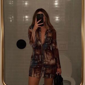 12th Tribe Pollock Brown Button Up Mesh Dress